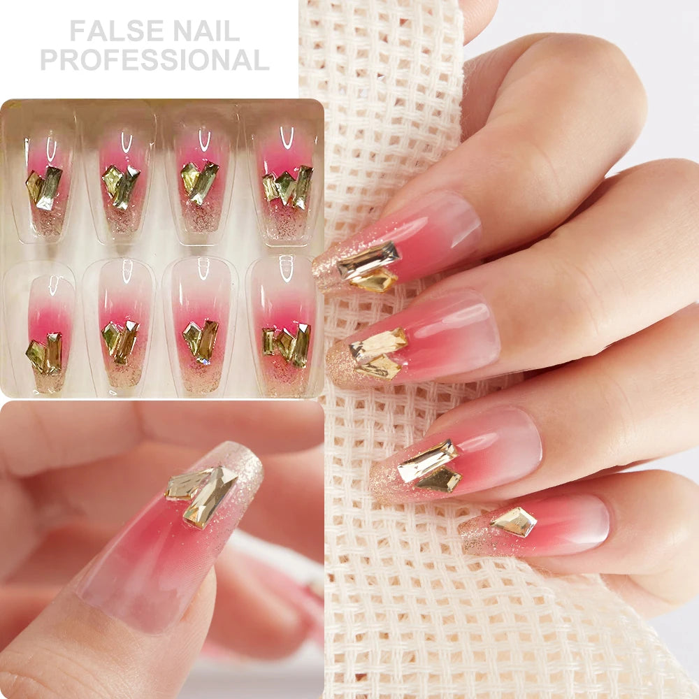 24Pcs Medium Long Ballet Gradient False Nails With Aurora Diamond Full Cover Square Coffin Fake Nails Pink Press-On Fingernails