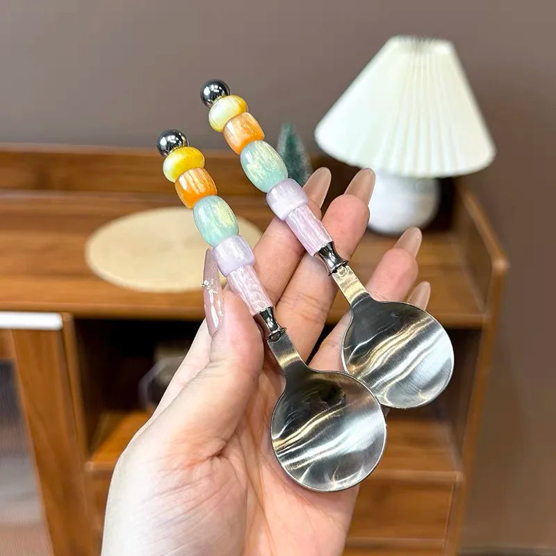 Delicate Colored Candy Bead Spoon Coffee Bean Scoop Small Luxury Twisted Spoon Stainless Steel Handmade Strust B82