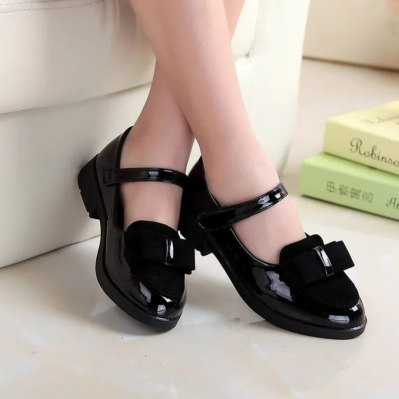 Girls Leather Shoes Princess Sweet Kids Flats With Bow-knot For Formal Occasions Children's Mary Janes Black Party Dancing Shoes