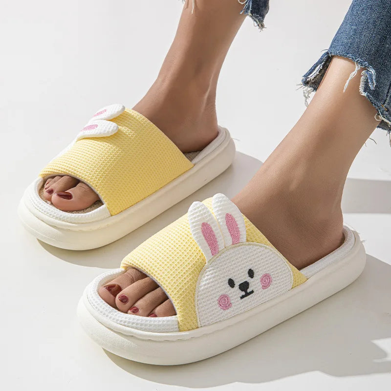 Linen Platform Slippers Women Home Cute Cartoon Rabbit Designer Shoes Girls Fashion Casual House Slipper Ladies Elegant Open Toe