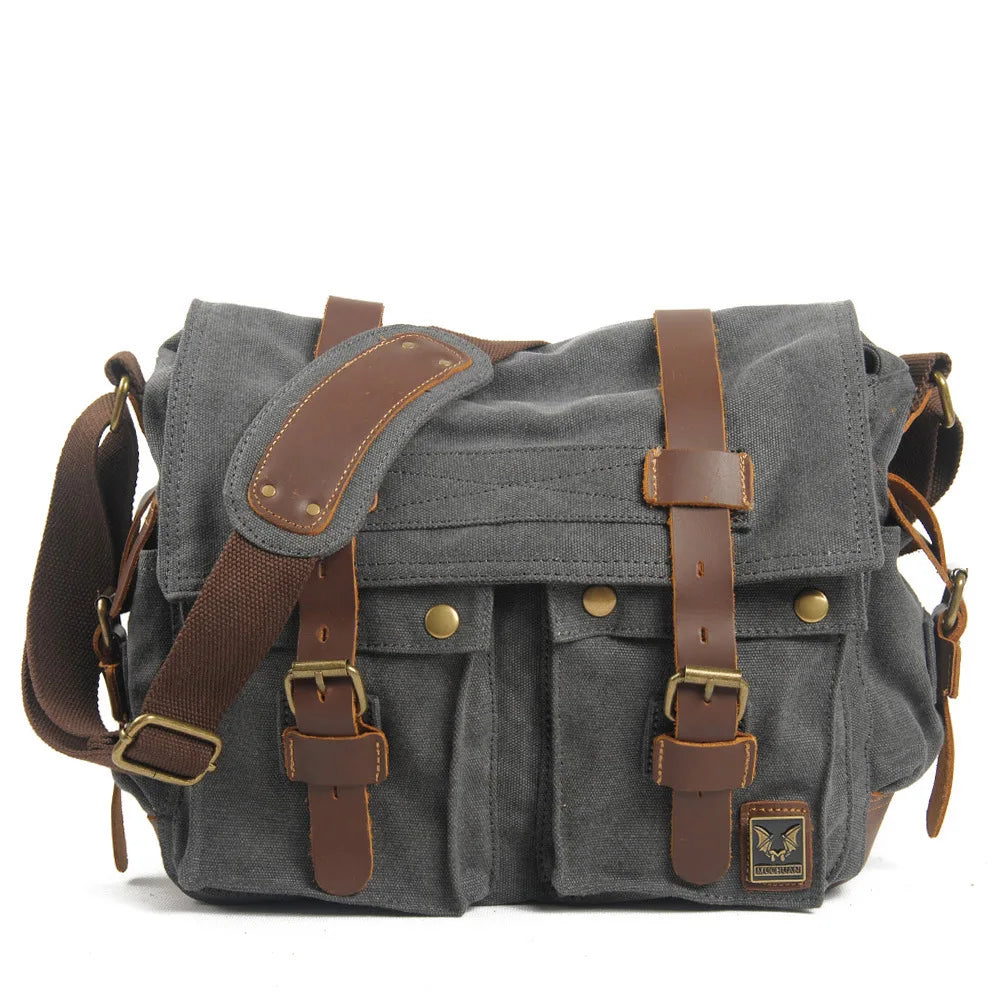 MUCHUAN Fashion Vintage Leather Canvas Men's Messenger Bag Cotton Multi-Pocket Crossbody Bag Men Shoulder Casual Travel Handbag