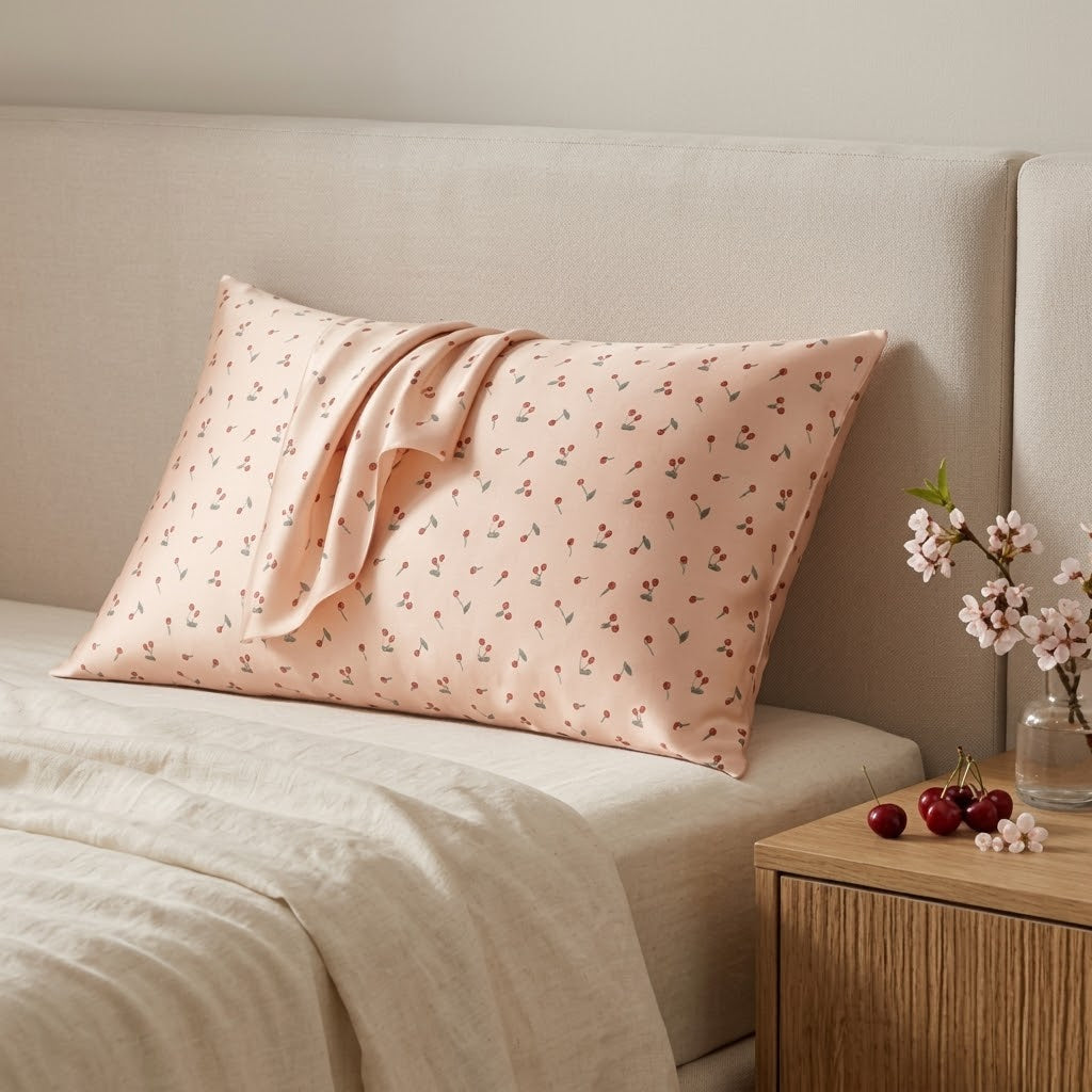 Playful Cherry Print Satin Pillowcase with Draped Accent and Gift Box