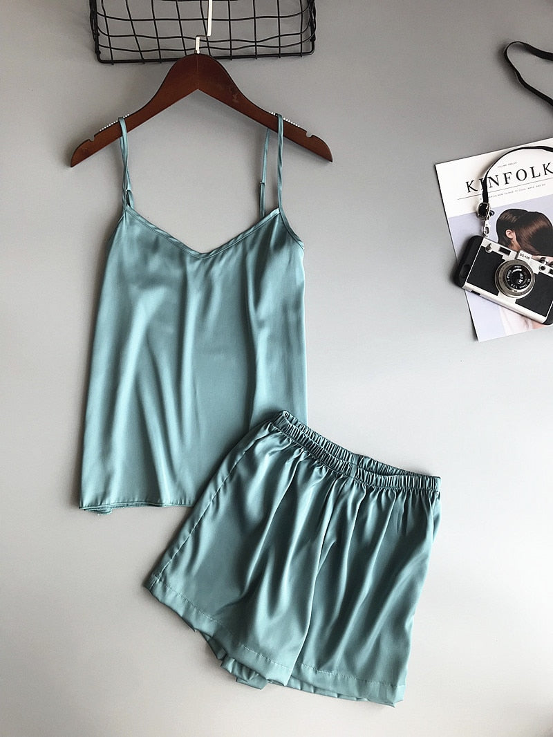Solid Color Women Pajamas Camisole Pajama Set Woman Summer Vest Shorts Suit