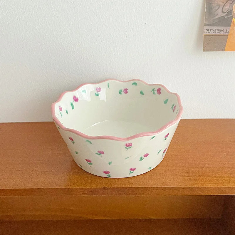 Fresh Pastoral Small Broken Flower Ceramic Bowl Ins Vintage Lace Salad Fruit Thickened Lovely Soup Rice Bowl Complimentary Spoon