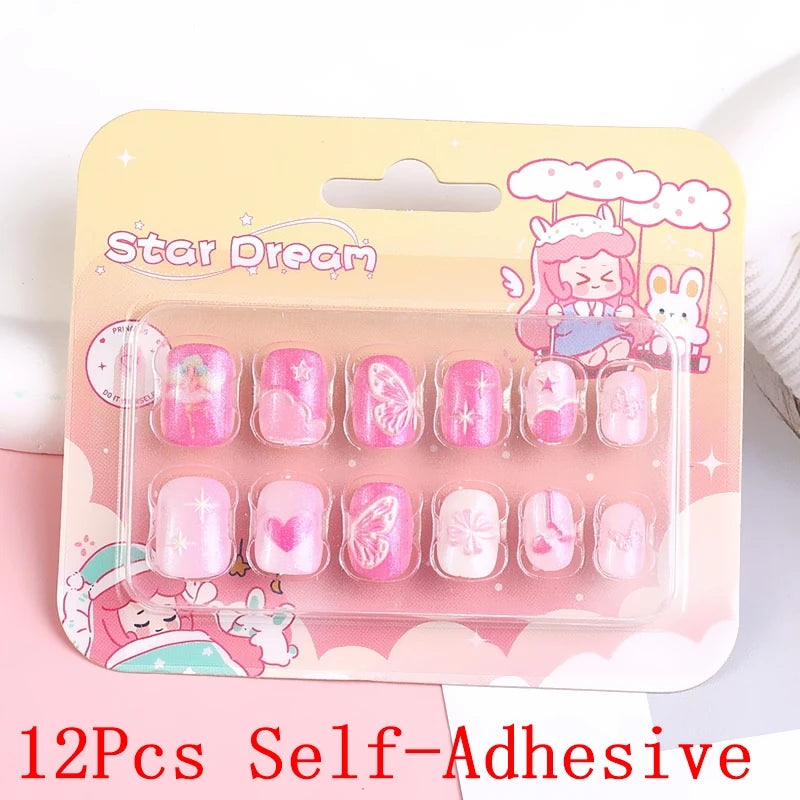 12pcs/Box Children Acrylic Fake Nails Safe Non-Toxic Adhesive Fake Nail DIY Artificial Fingernails for Girls Children's Day Gift