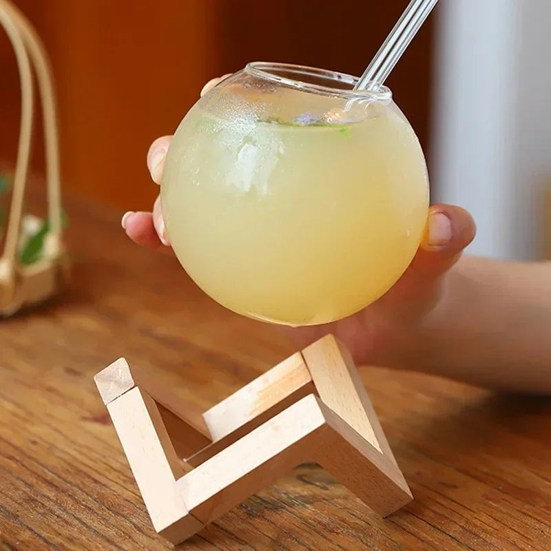 Cocktail Glass Cup with Wood Stand Creative Lunar Round Shape Drink Cup with Straw Christmas Cups Iced Coffee Cups Drinkware