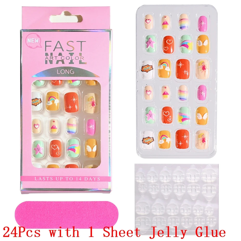 12pcs/Box Children Acrylic Fake Nails Safe Non-Toxic Adhesive Fake Nail DIY Artificial Fingernails for Girls Children's Day Gift