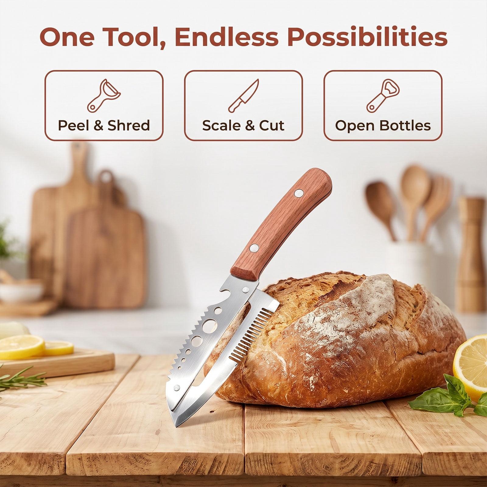 Multifunctional Vegetable Peeler 7-in-1,Kitchen Tool with Wooden Handle, Built-in Knife for Cutting, Peeling, Scaling, Grating & Bottle Opener(1PCS)