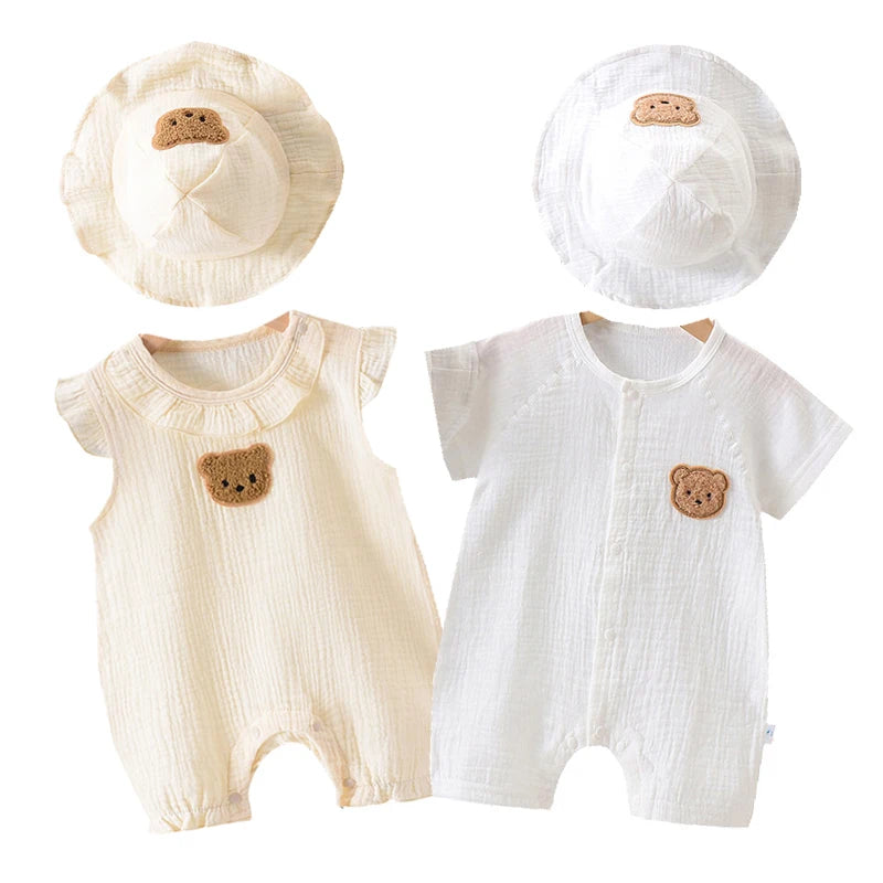 Muslin Summer Baby Romper Hat Set 2Pcs Bear Cotton Newborn Jumpsuit for Boys Girls Clothes Toddler Onesie Infant Outfit Suit