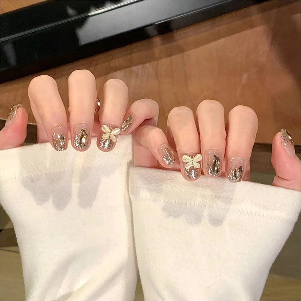 24PCS Pink Cat Eye Press On Nails Handmade Short Ballet Fake Nails Diamond Designs Full Cover Nail Art Tips Wearable False Nails