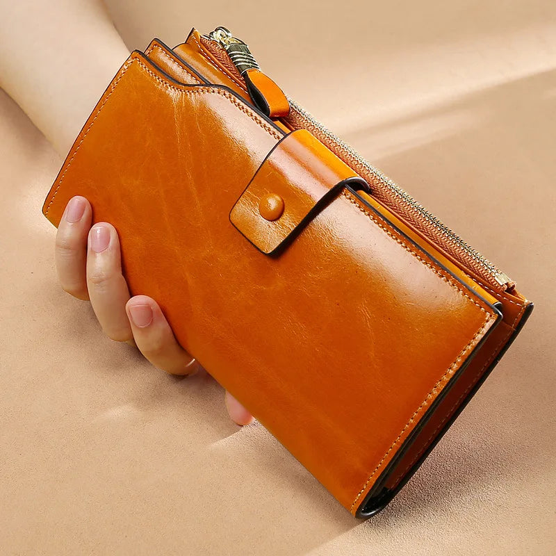 Blocking Genuine Leather Women Wallet Long Lady Leather Purse Brand Design Luxury Oil Wax Leather Female Wallet Coin Purse