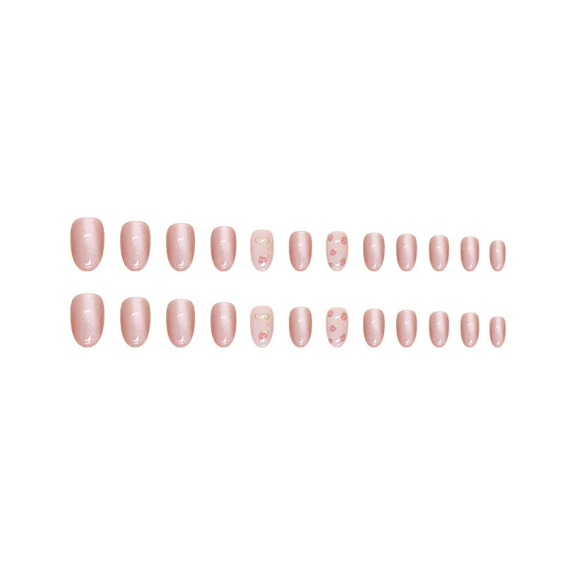 24pcs/set French Strawberry Butterfly Cat Eye Press on Nails Fake Nails Manicure Detachable Nail Tips Oval False Nails Full Set