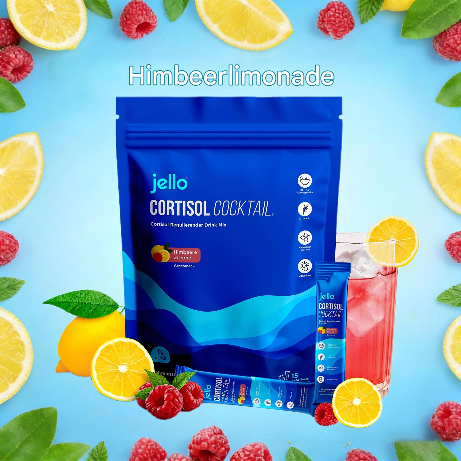 Jello Cortisol Cocktail Pulver, 20 Stück New Super Cortisol, Natürliche Supercalm cortisol pulver für Cortisol Senken, Konzentration Steigern, Entspannt Bleiben & Stress Natürlich Reduzieren