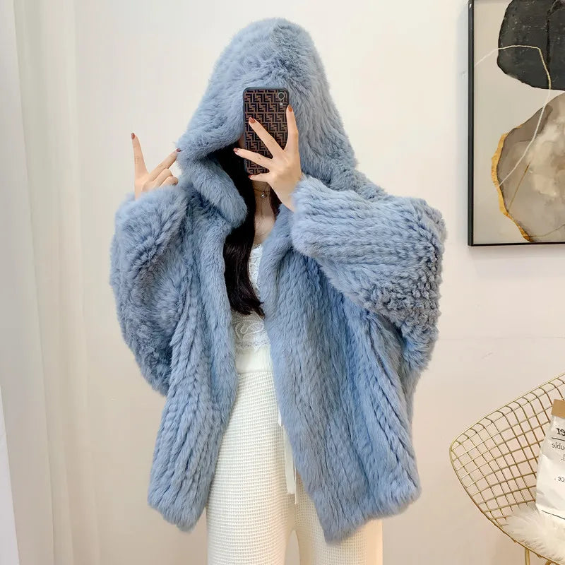 Autumn Winter Women 100% Natural Real Rabbit Thick Fur Coat Fur Warm Jacket Loose Knited Quality Luxury Hooded Full Sleeves