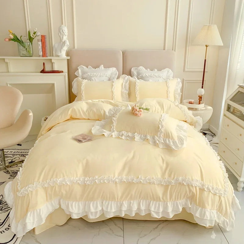 Elegant Lace Bedding Sets Luxury Bed Linen Princess Washed Cotton Ruffle Duvet Cover Bed Sheet and Pillowcases for Girl Luxury