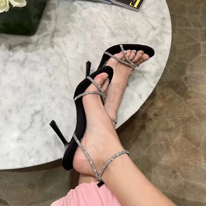 Female Sandal Comfort Shoes for Women High Heels 2024 Summer Buckle Strap Girls High-heeled Fashion Stiletto Low Rhinestone Beig