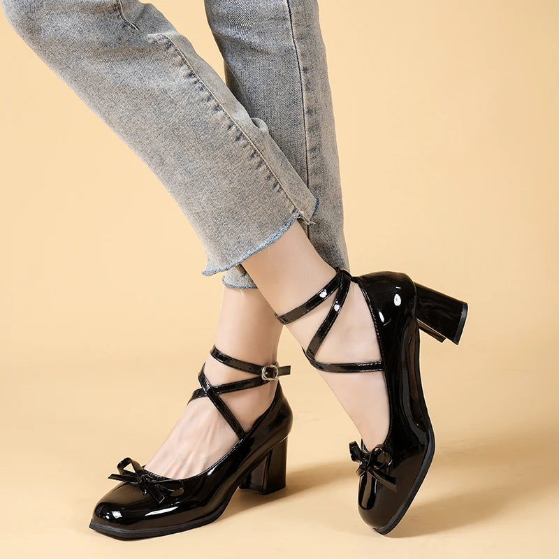 Black Mary Jane Women Pumps Thick High Heels Shoes Female Lolita Square Toe Shoes Spring Fashion Party Leather Woman Shoes New