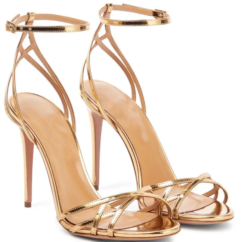 Gold Color Hollow Out Sandals Lady Fashion Pumps Thin Heel Buckle Strap Dress Shoes Woman Sexy Party High Heels