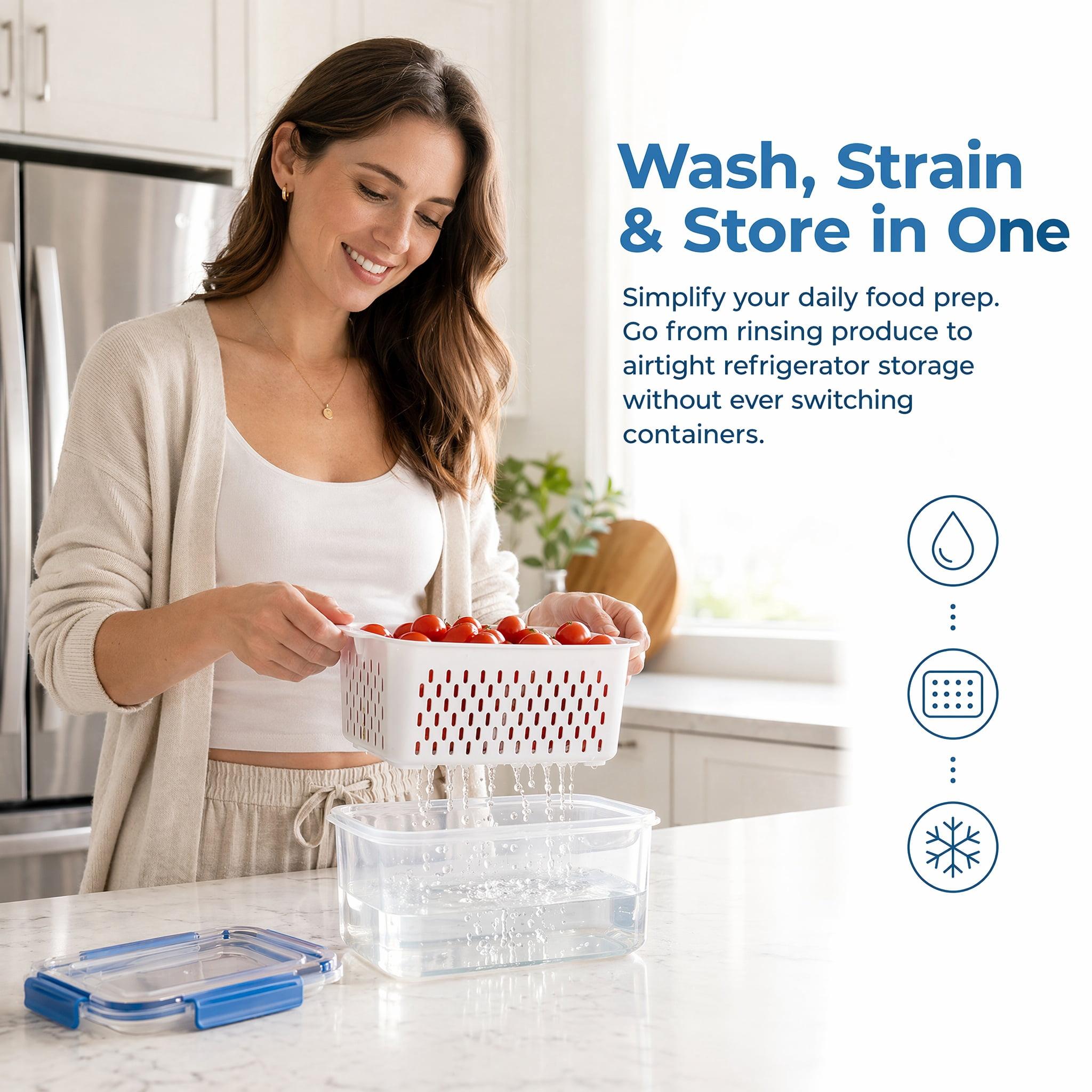 Fruit Storage Containers for Fridge with Removable Colander, Airtight Produce Saver, Dishwasher Safe Berry Keeper, 3 Sizes with Lids(Blue)