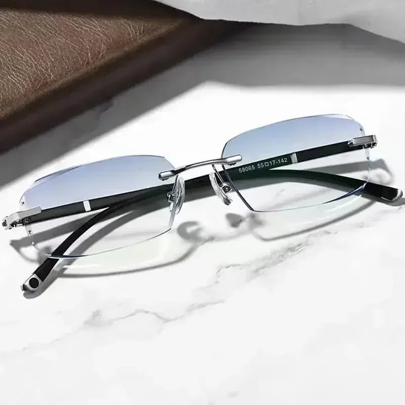 Luxury Diamond Cutting Photochromic Reading Glasses Men Business Rimless Eyeglasses Women Color Changing Presbyopia Eyewear