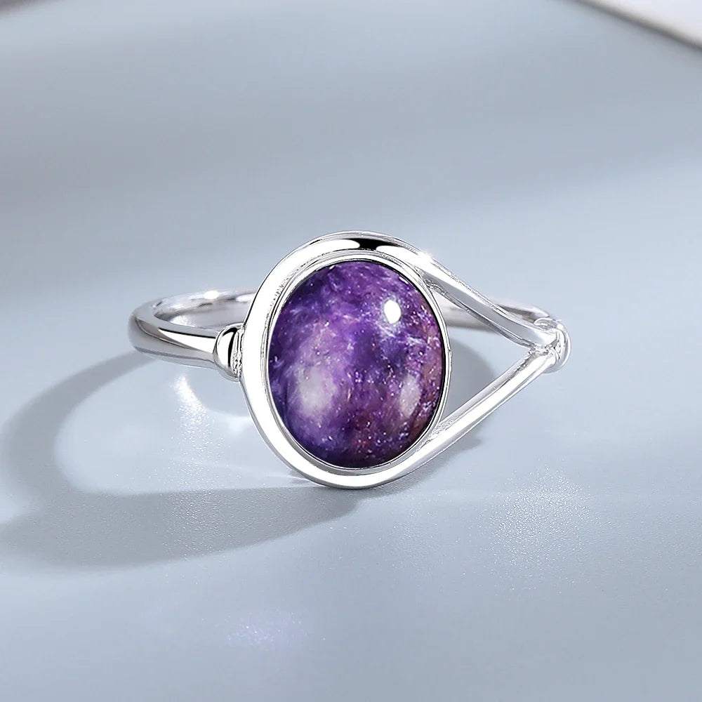 925 Sterling Silver Jewelry Ring 8*10MM Round Natural Moonstone Amethyst Agate Stone Vintage Ring For Women Party Gifts