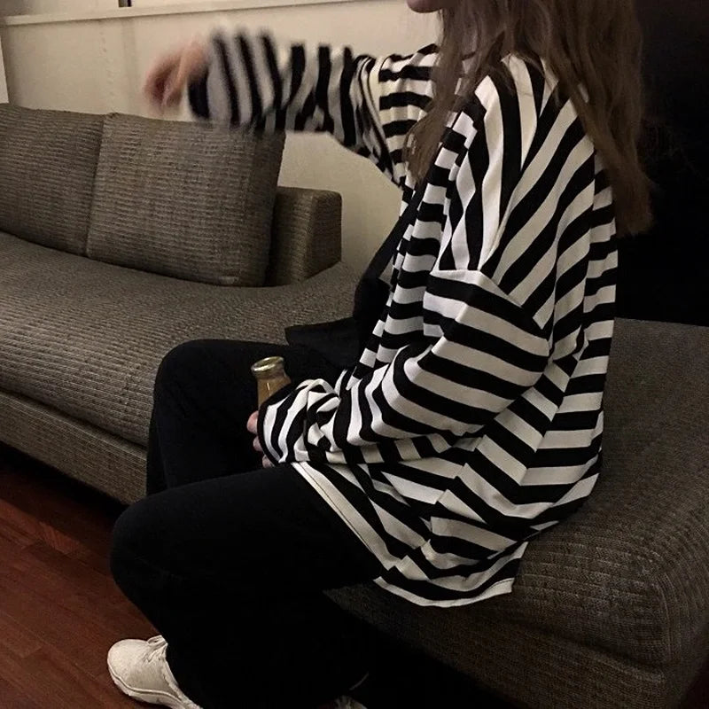 spring Autumn Women harajuku Striped Tshirt Long Sleeve O-Neck T-Shirts Korean Casual oversized T Shirt Femme black Tops