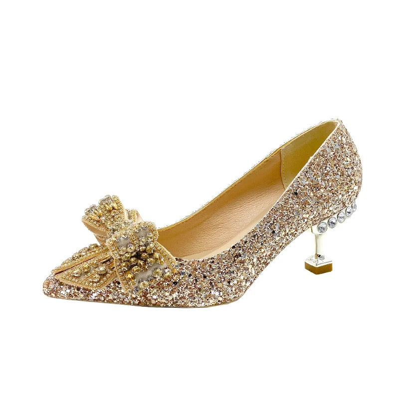 Fad Crystal High Heels Shoes Sweet Bow Mary Jane Sandals Women 2024 New Autumn Sexy Dress Party Pumps Shallow Lolita Mujer Shoes