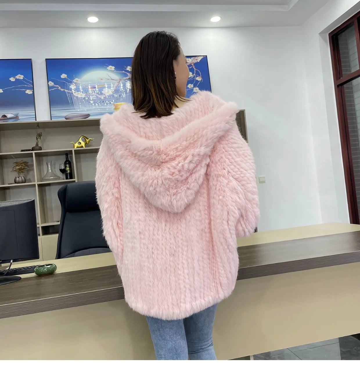 Autumn Winter Women 100% Natural Real Rabbit Thick Fur Coat Fur Warm Jacket Loose Knited Quality Luxury Hooded Full Sleeves