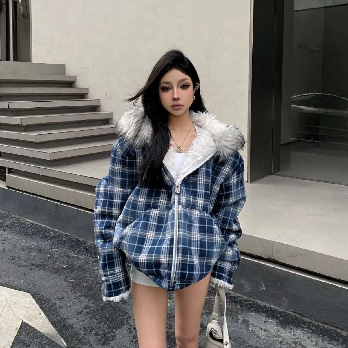 Retro American Classic Plaid Fur Collar Zip Up Hoodies Sweatshirt Women Winter New Lamb Wool Jacket Street GothTrend Y2K Coat