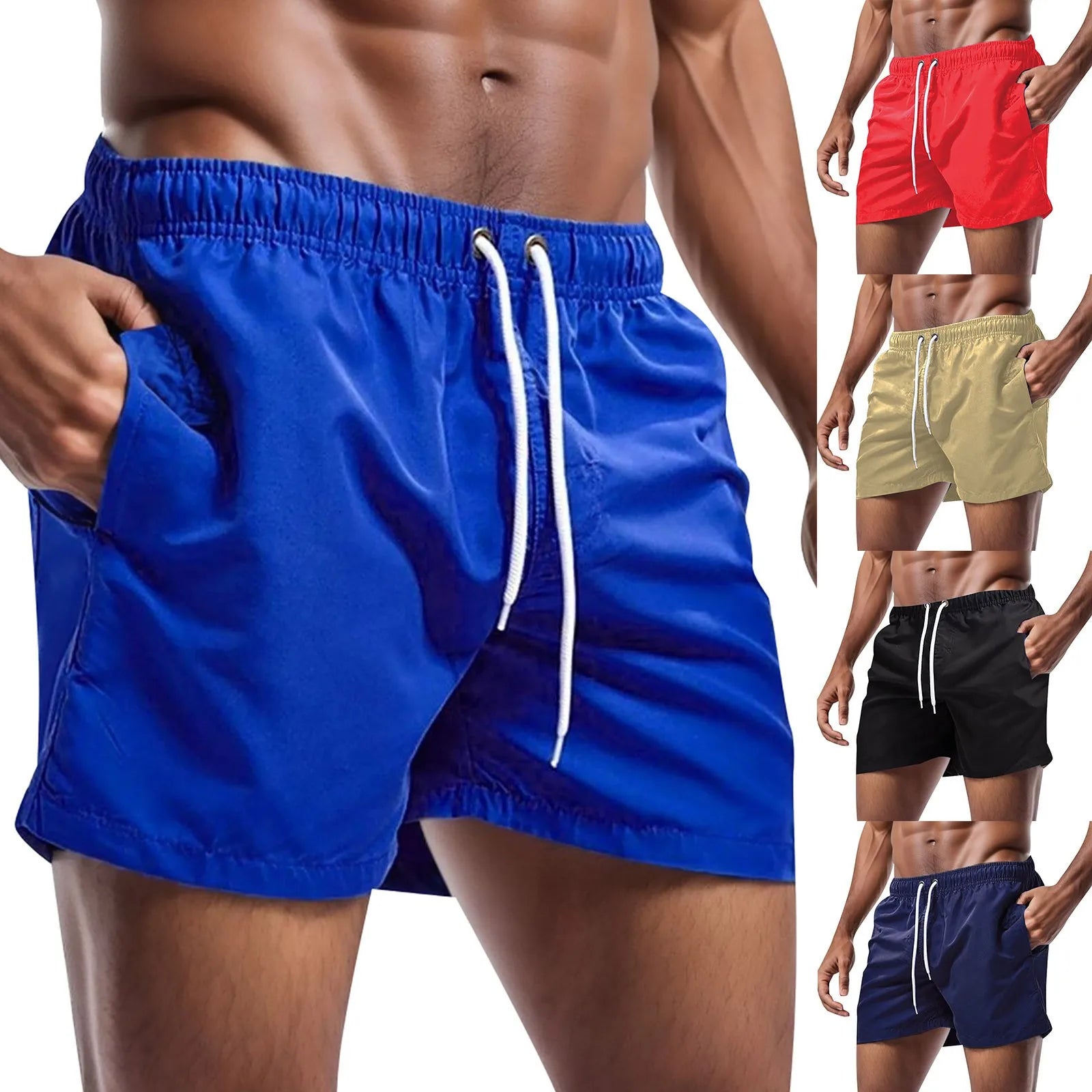 Summer Men'S Beach Shorts Fashion Solid Pocket Shorts Fitness Quick Dry Swimwear Beach Drawstring Breechcloth Bottoms