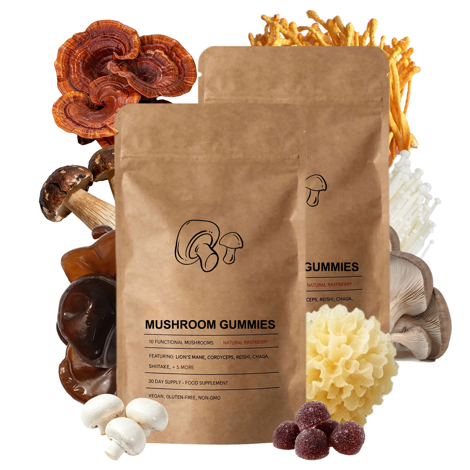 10-in-1 Mushroom Gummies High Strength 2500mg, Vegan Multi Mushroom Complex with Lion’s Mane, Reishi, Chaga, Shiitake ,10 Varieties, Vegan Mushroom Gummies for Women & Men, 60 Gummies
