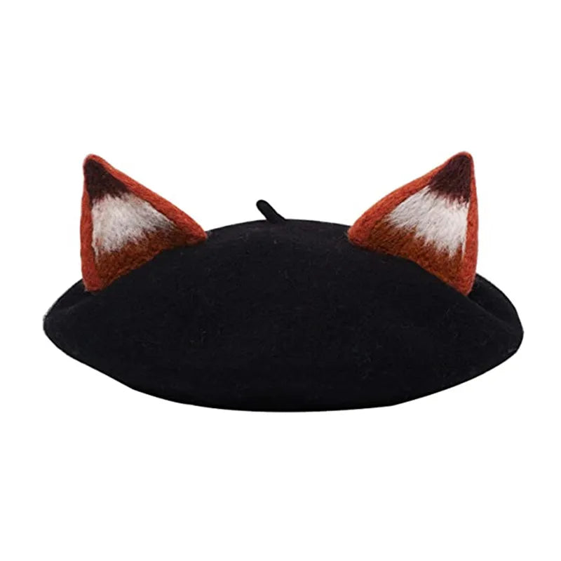 Women Winter Nick Fox Ear Beret Handmade Adult Size Hat Vintage Painter Wool Cap Gift High Quality Wholesale