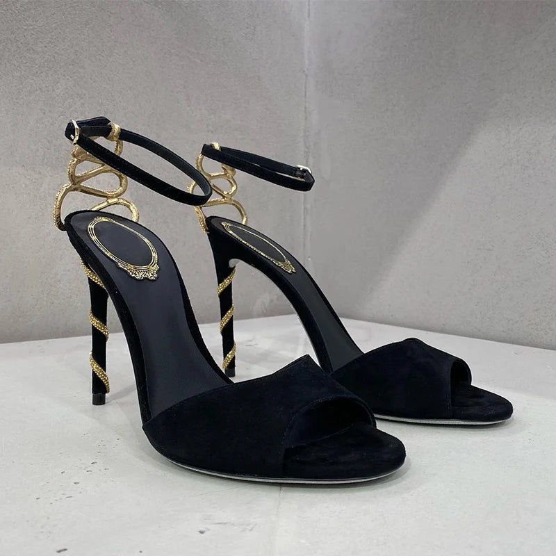 Gold Snake Wrap Heel Sandals Sexy Rhinestone Black Suede High Heels Summer Peep Toe Stiletto Party Wedding Banquet Women Shoes