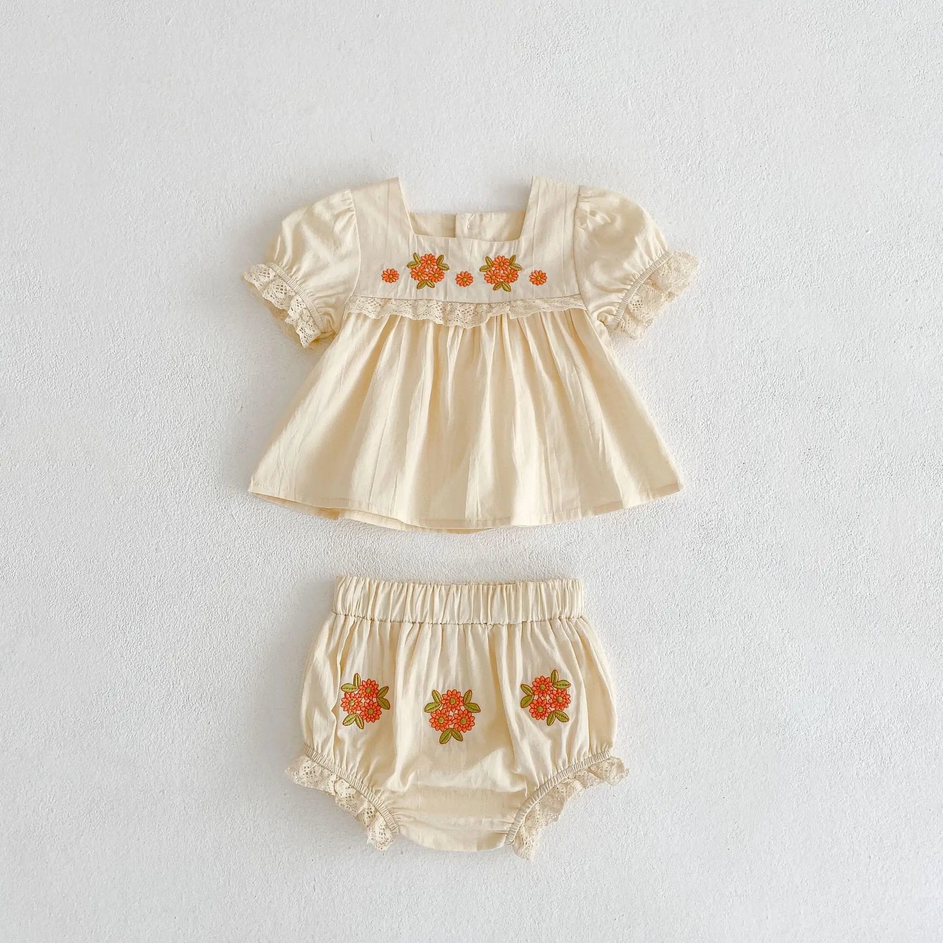 2026 Summer Baby Clothing Set Flower Embroidery Girls Suits Peter Pan Tee and Shorts Toddler Girls Clothes Set