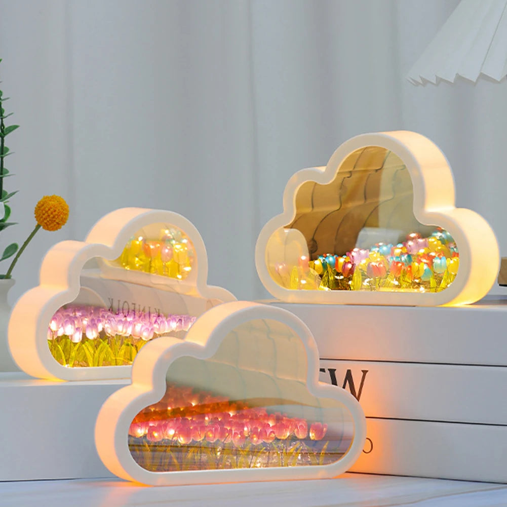 DIY Cloud Tulip LED Night Light Mirror Table Lamps Bedroom Ornaments Decor Bedside Photo Frame Mirror Table Lamps Handmade Gifts