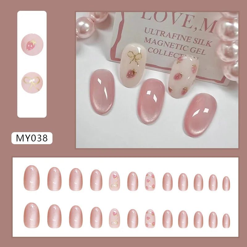 24pcs/set French Strawberry Butterfly Cat Eye Press on Nails Fake Nails Manicure Detachable Nail Tips Oval False Nails Full Set