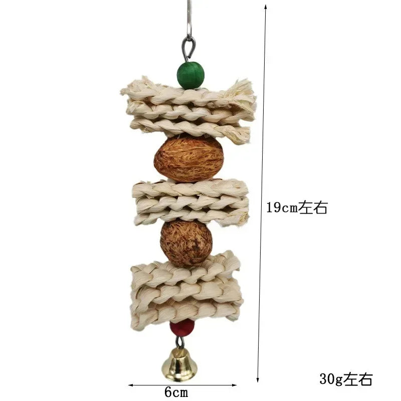 1pcs Bird Parrot Toy with Bell Natural Wooden Grass Chewing Bite Hanging Cage Swing Climb Chew Toys Bird Toys for Cage Pet Toys