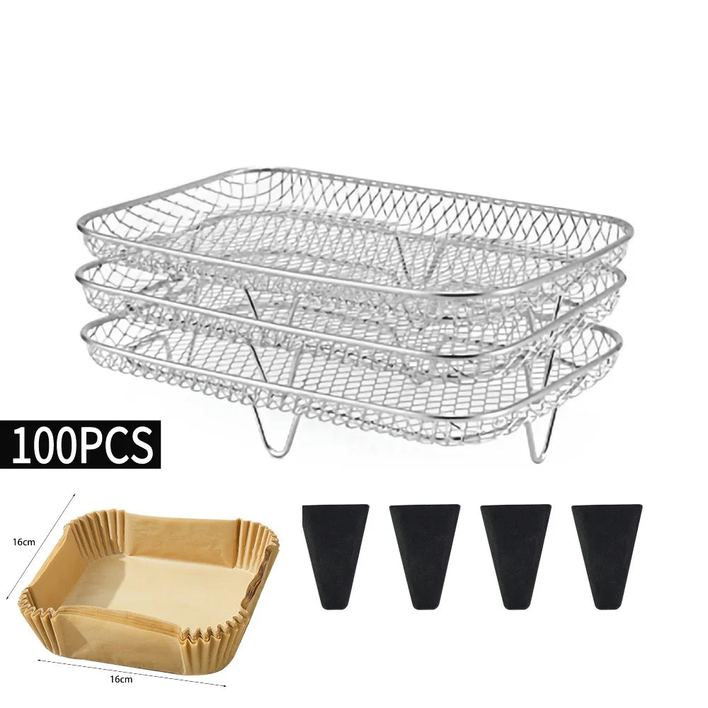 &3-layers Air Fryer Rack Stackable Grid Grilling Rack Stainless Steel Anti-corrosion for Home Kitchen Oven Steamer Cooker Gadgets