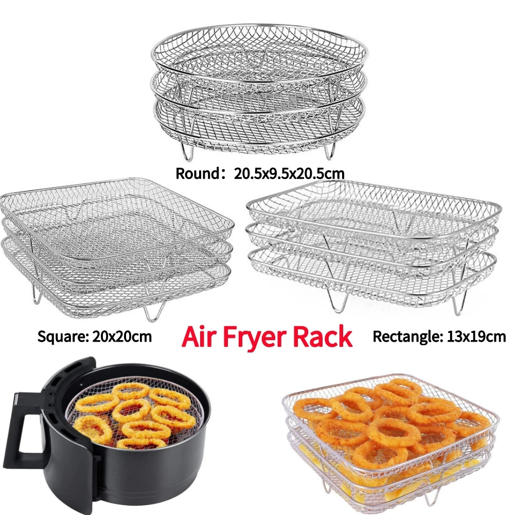 &3-layers Air Fryer Rack Stackable Grid Grilling Rack Stainless Steel Anti-corrosion for Home Kitchen Oven Steamer Cooker Gadgets