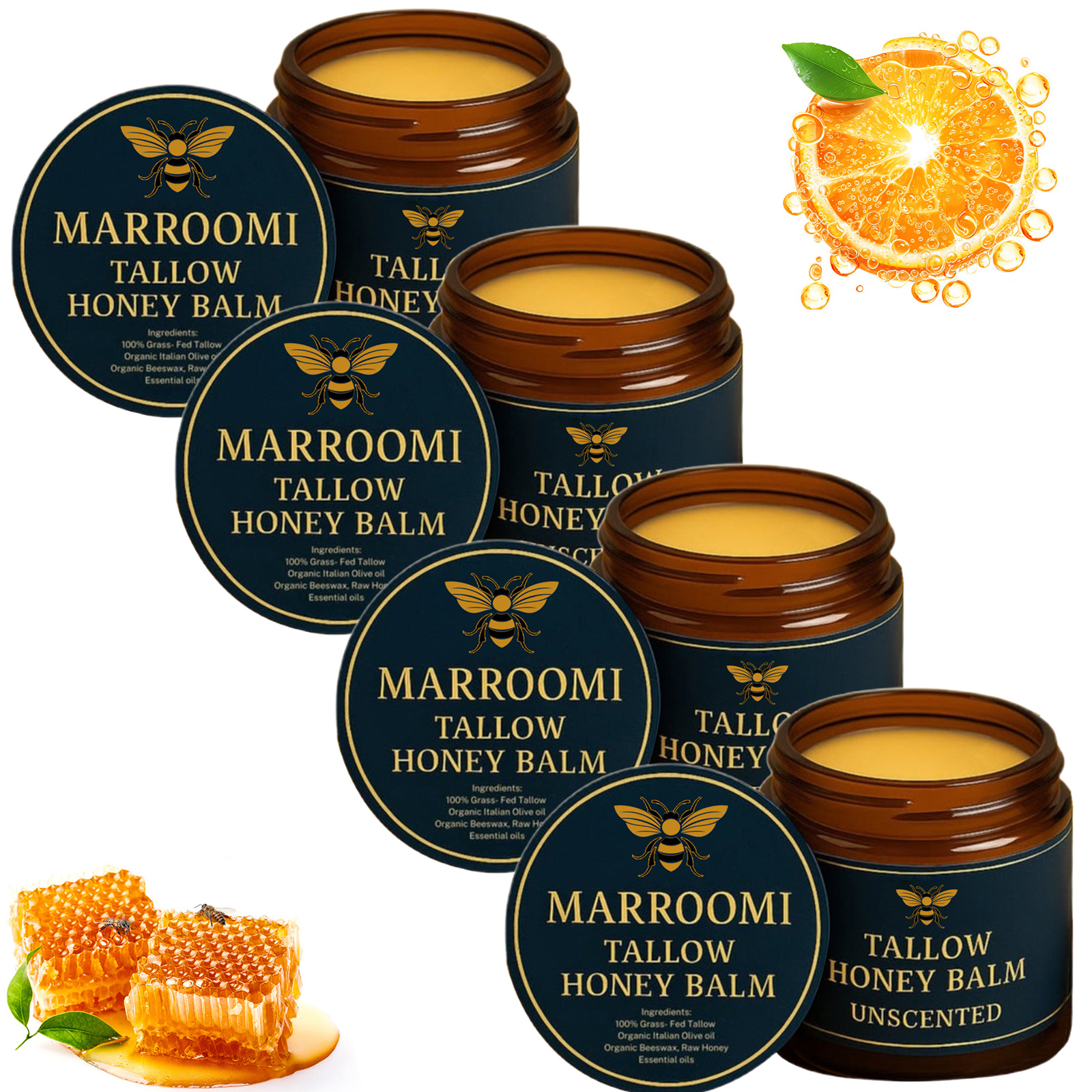 Marroomi Tallow Honey Balm, Natural Nourishment Duo, Beef Tallow for Skin, Organic Grass-Fed Beef Tallow-Balm, Soothing Moisturizing for All Skin Types