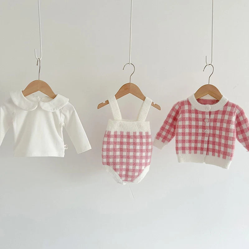 Autumn Spring Newborn Baby Girls Knitting Clothing Set Plaid Long Sleeve  Cardigan Coat+Sleeveless Rompers Children Clothes Suit