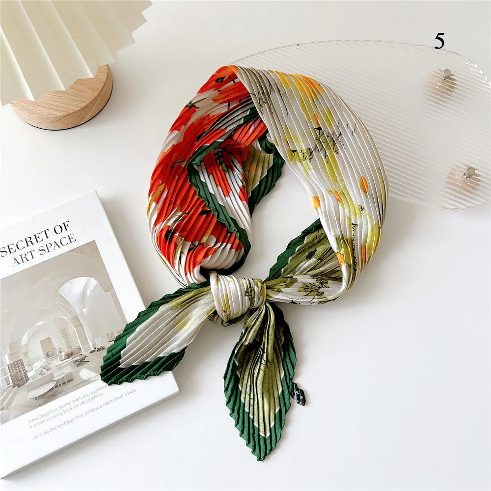 Crinkle Square Silky Neck Scarf Colorful Lady Satin Head Wraps Neckerchief Flower Printed Hair Scarf Elegant Pleated Neck Scarf