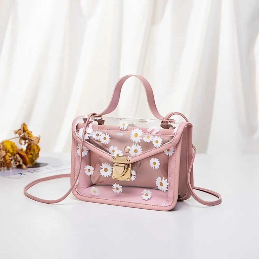 Fashion Women Transparent Daisy Pattern Shoulder Bag Hardware Chain Strap Messenger Handbag Composite Tote