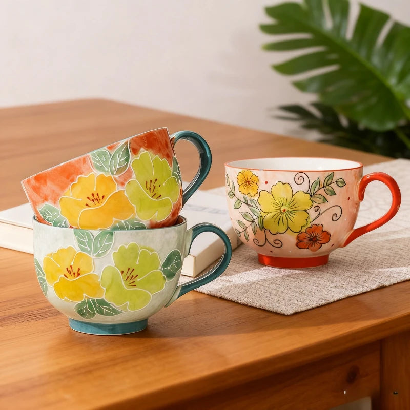 Embossed pure hand-painted ceramic cup beautiful large capacity breakfast cup high value flower tea cup milk oatmeal cup