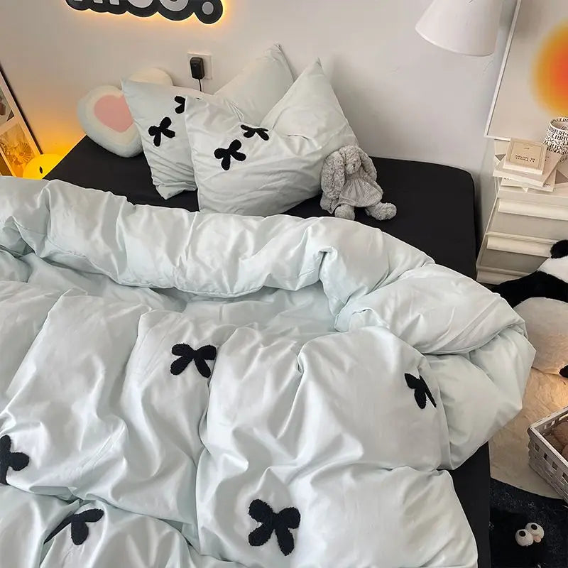 Bedding Set 2024 New Ins Style  Minimalist Blue Washing Cotton black bow towel Embroidered Four PIECE Set, 1.5 Bed Sheets