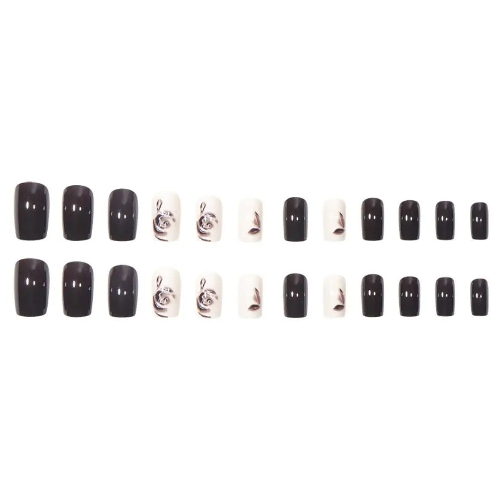 Fashion Wearable Manicure French Fake Nails Medium Length Faux Fingernails False Nail Square Head Full Cover Press on Nails Girl