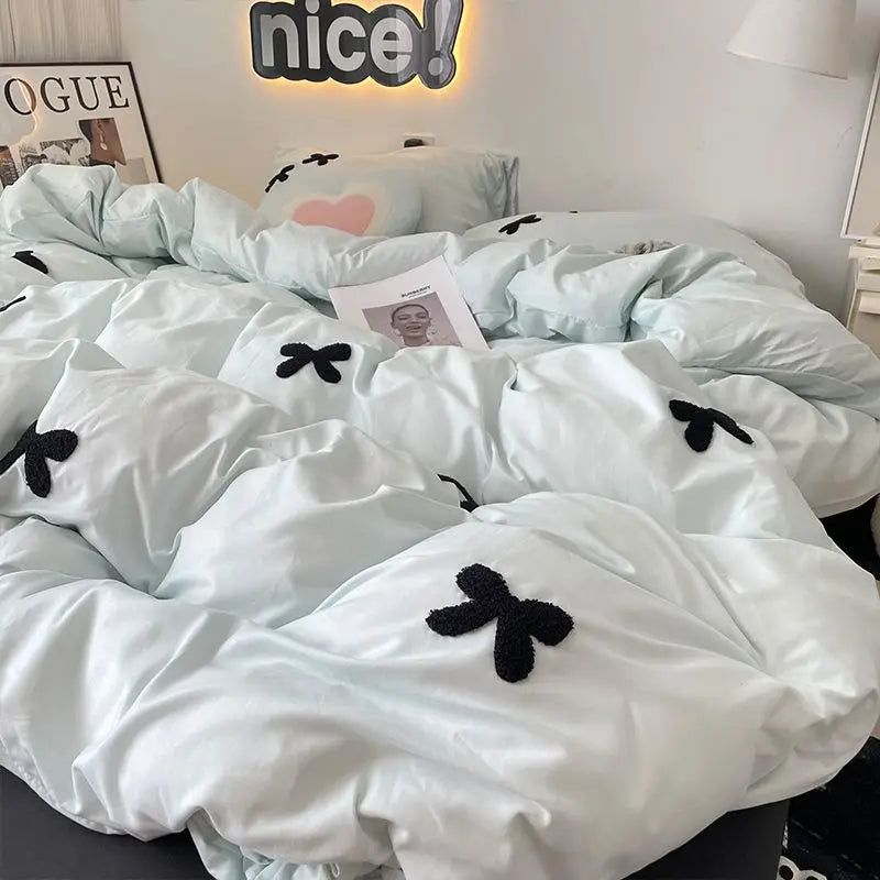 Bedding Set 2024 New Ins Style  Minimalist Blue Washing Cotton black bow towel Embroidered Four PIECE Set, 1.5 Bed Sheets