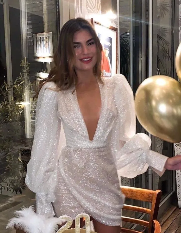 Women Fashion Sequins Birthday Party Dress Deep V-neck Puff Long Sleeve Dress Slim Sexy Bodycon Mini Nightclub Dresses