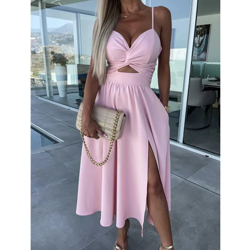 Women Sexy V-neck Backless Sling Dress Summer Fashion Twist Design Hollow Out Long Dress Casual Sleeveless Solid Big Hem Dresses