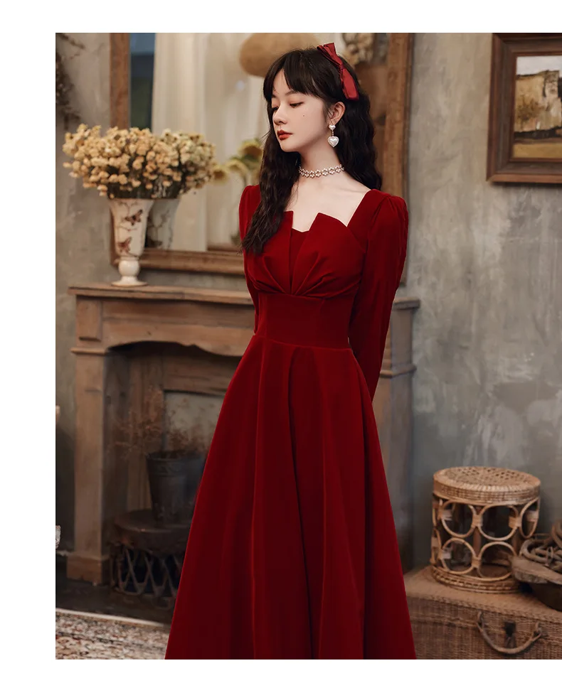 2024 Elegant Long sleeved Office Dress Wine Red Autumn Square Collar A-line Long Skirt Formal Party Wedding Bridesmaid Ball Dres